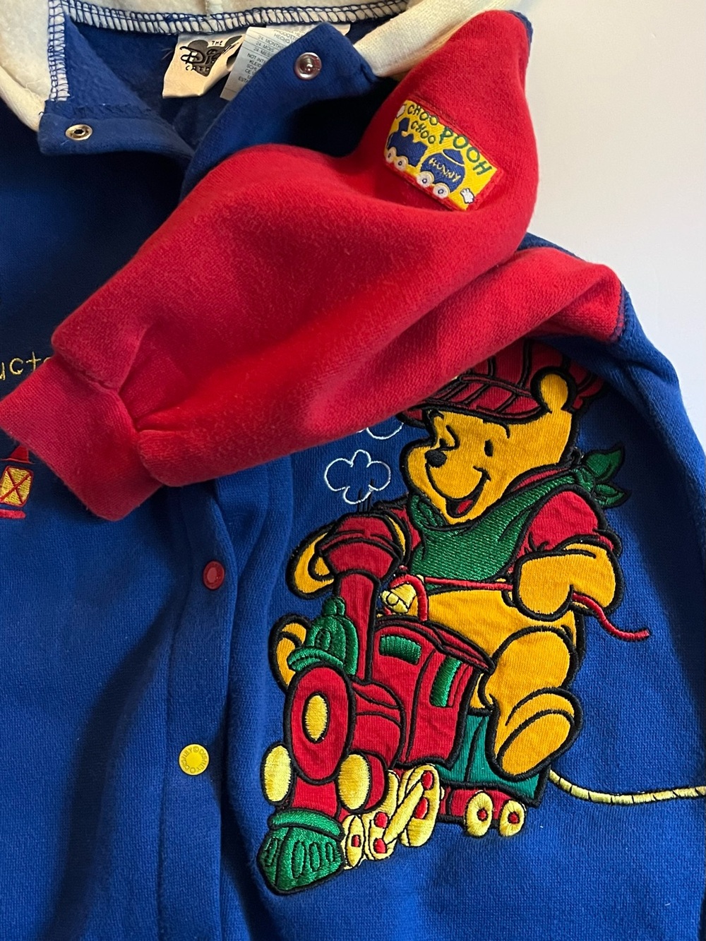 Disney Store Pooh Fleece Hooded One-Piece in Blue, Red & Cream - Size 24 mos. - Picture 3 of 6